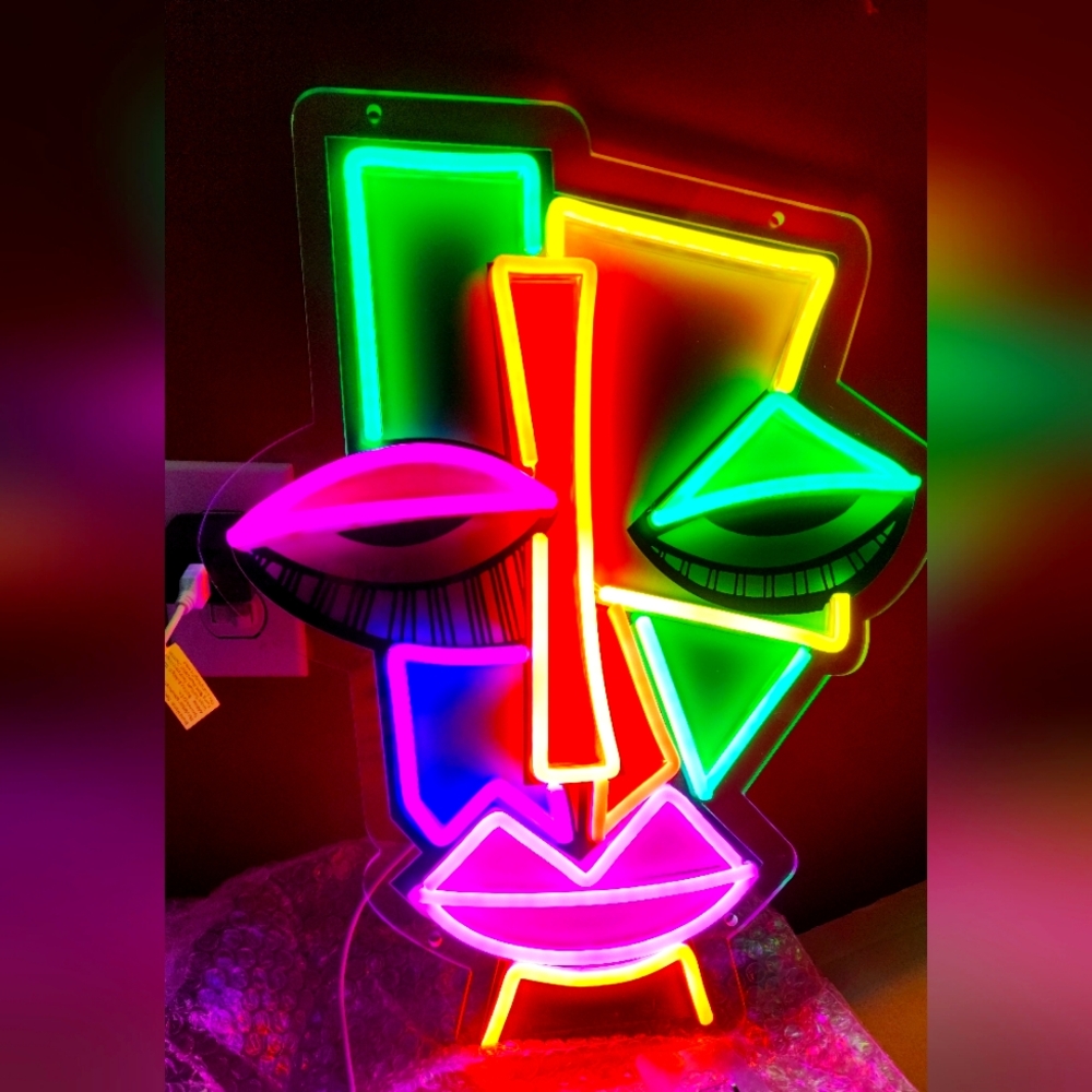 LARGE -Approximately 18" × 14" - Neon Sign Abstract Tiki Face Acrylic LED